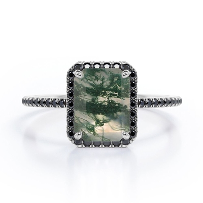ágata de Emerald Cut Moss Green del Halo-estilo con el compromiso creado laboratorio Ring With Pave Accents