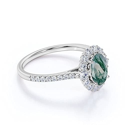 Compromiso oval Ring Green Gemstone del halo de Moss Agate Moissanite Diamonds Floral
