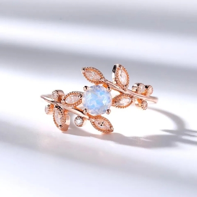 925 de alta calidad Sterling Silver Natural Stone Jewelry tallaron el anillo de la hoja de Moonstone del arco iris