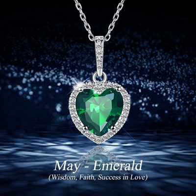 925 de plata elegantes Emerald Birthstone Necklace simulado Sterling Silver Heart Pendant Necklace