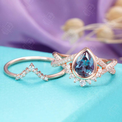 Sistema del anillo de compromiso del Alexandrite del oro de Rose del anillo de bodas del vintage de la forma de 925 Sterling Silver Pear