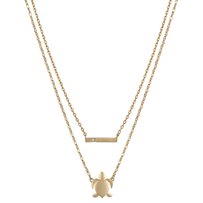 la barra de la circona cúbica 14K y el collar Flash-plateados oro de la tortuga 2-Piece fijaron con el suplemento