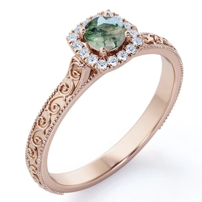 Joyería verde azul del vintage S925 Moss Agate Ring 14K Rose Gold Plated White CZ