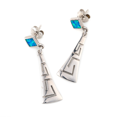 Joyería azul de plata con curvas de Opal Dangle Earrings High Quality del fuego de la llave griega retra para las mujeres