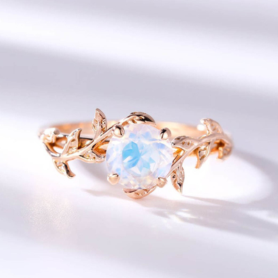 corte de ronda de la flor de la hoja de 14K Rose Gold Moonstone Wedding Rings