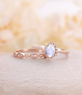 Moonstone natural azul Ring Set, 14K Rose Gold Moonstone Stacking Rings