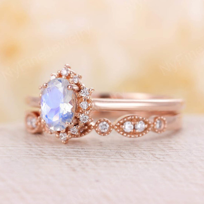 Moonstone natural azul Ring Set, 14K Rose Gold Moonstone Stacking Rings