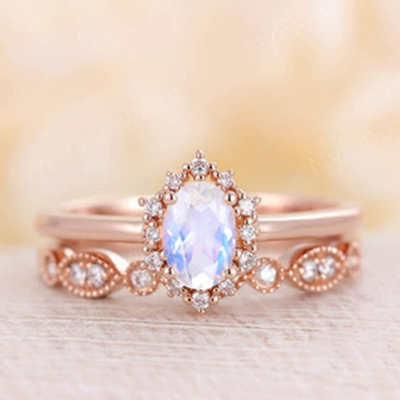 Moonstone natural azul Ring Set, 14K Rose Gold Moonstone Stacking Rings