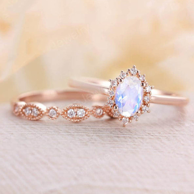 Moonstone natural azul Ring Set, 14K Rose Gold Moonstone Stacking Rings