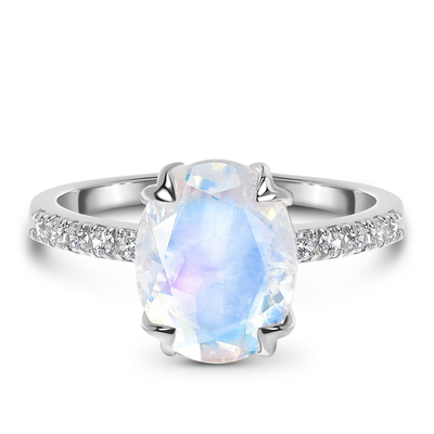 el óvalo del oro blanco 14K cortó los anillos de Ring With CZ del aniversario de las mujeres del compromiso de Moonstone