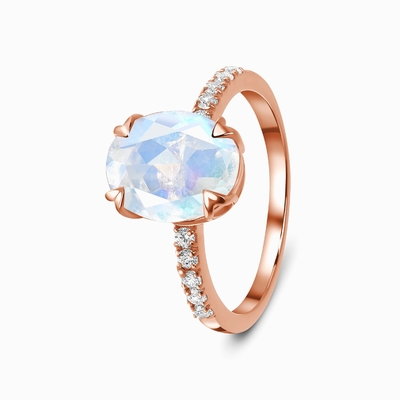 el óvalo del oro blanco 14K cortó los anillos de Ring With CZ del aniversario de las mujeres del compromiso de Moonstone
