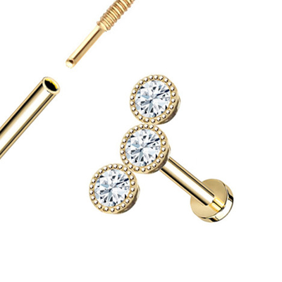 El bisel del triple de Milgrain roscó el oro natural trasero plano de Diamond Piercing Jewelry 14K del perno prisionero