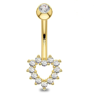 Anillo hueco del ombligo de la CZ del corazón, anillo del ombligo de la joyería 14G del cuerpo del oro 14K