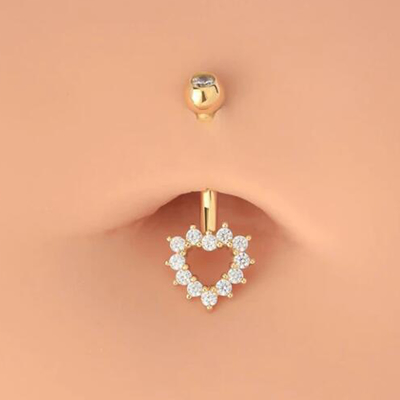 Anillo hueco del ombligo de la CZ del corazón, anillo del ombligo de la joyería 14G del cuerpo del oro 14K