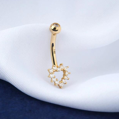 Anillo hueco del ombligo de la CZ del corazón, anillo del ombligo de la joyería 14G del cuerpo del oro 14K