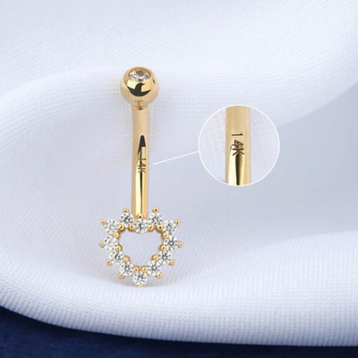 Anillo hueco del ombligo de la CZ del corazón, anillo del ombligo de la joyería 14G del cuerpo del oro 14K