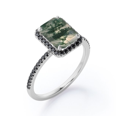 ágata de Emerald Cut Moss Green del Halo-estilo con el compromiso creado laboratorio Ring With Pave Accents