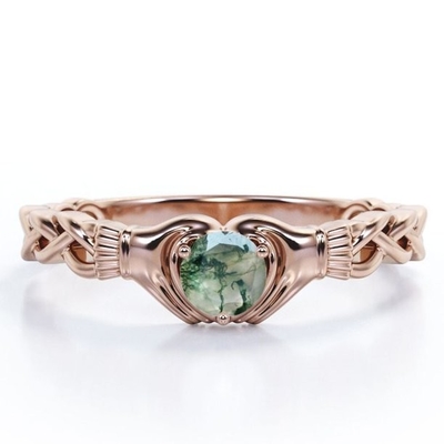 Ágata clara de Druzy Moss Green del corte brillante redondo - anillo de compromiso trenzado