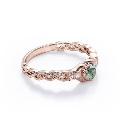 Ágata clara de Druzy Moss Green del corte brillante redondo - anillo de compromiso trenzado