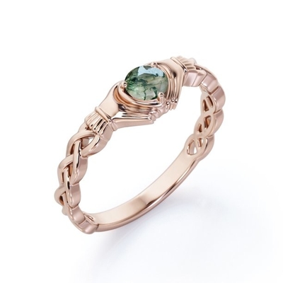 Ágata clara de Druzy Moss Green del corte brillante redondo - anillo de compromiso trenzado