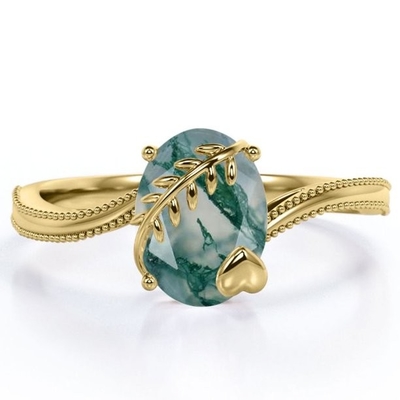 Anillo de compromiso de piedra de Moss Green Agate Leafy Single del corte redondo en el oro blanco