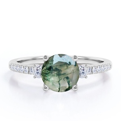 Anillo de compromiso de piedra de Moss Green Agate Leafy Single del corte redondo en el oro blanco