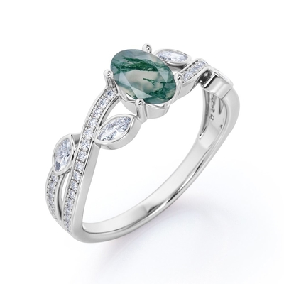 Piedra de la obra clásica 7 corte oval Moss Green Agate de 1,1 quilates y anillo de bodas llano de la caña en el oro blanco