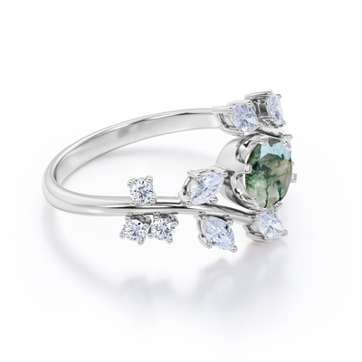 Tiara afiligranada de Chevron corte redondo Moss Green Agate de 0,6 quilates y boda Ring Set de la CZ en Rose Gold