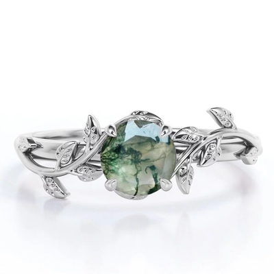 Piedra de la obra clásica 7 corte oval Moss Green Agate de 1,1 quilates y anillo de bodas llano de la caña en el oro blanco