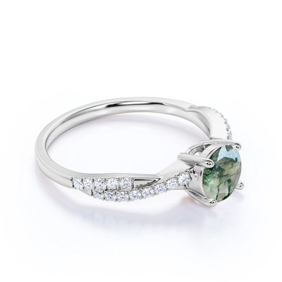 Tiara afiligranada de Chevron corte redondo Moss Green Agate de 0,6 quilates y boda Ring Set de la CZ en Rose Gold
