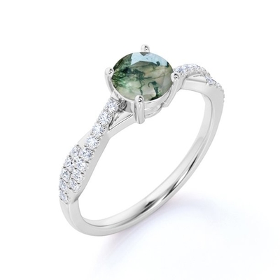 Piedra de la obra clásica 7 corte oval Moss Green Agate de 1,1 quilates y anillo de bodas llano de la caña en el oro blanco