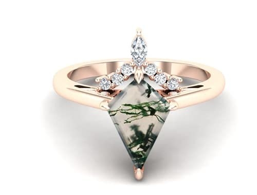 Tiara afiligranada de Chevron corte redondo Moss Green Agate de 0,6 quilates y boda Ring Set de la CZ en Rose Gold
