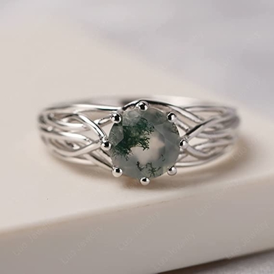 Piedra de la obra clásica 7 corte oval Moss Green Agate de 1,1 quilates y anillo de bodas llano de la caña en el oro blanco
