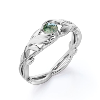 Anillo de compromiso de piedra de Moss Green Agate Leafy Single del corte redondo en el oro blanco