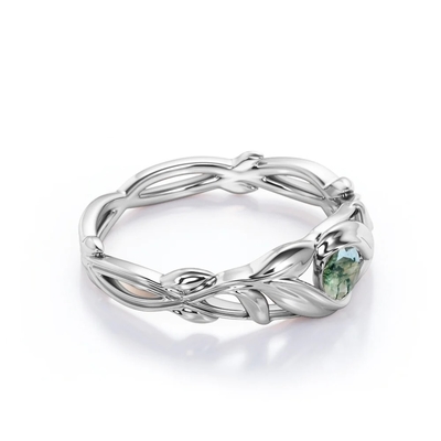 Anillo de compromiso de piedra de Moss Green Agate Leafy Single del corte redondo en el oro blanco