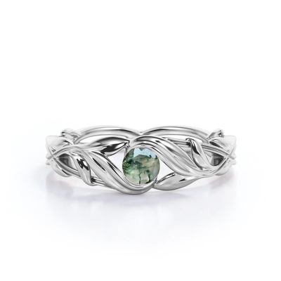 Anillo de compromiso de piedra de Moss Green Agate Leafy Single del corte redondo en el oro blanco