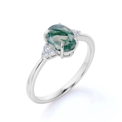 Piedra de la obra clásica 7 corte oval Moss Green Agate de 1,1 quilates y anillo de bodas llano de la caña en el oro blanco