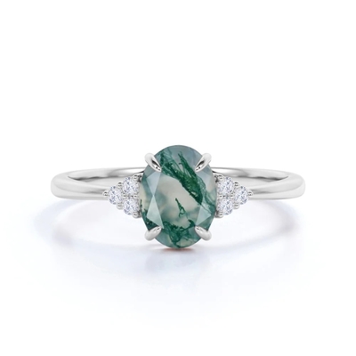 Piedra de la obra clásica 7 corte oval Moss Green Agate de 1,1 quilates y anillo de bodas llano de la caña en el oro blanco