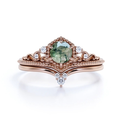 Tiara afiligranada de Chevron corte redondo Moss Green Agate de 0,6 quilates y boda Ring Set de la CZ en Rose Gold