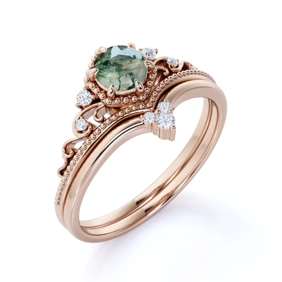 Tiara afiligranada de Chevron corte redondo Moss Green Agate de 0,6 quilates y boda Ring Set de la CZ en Rose Gold