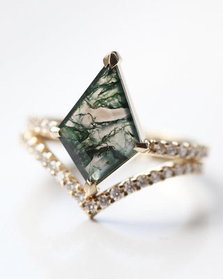 Oro de Ring Set For Women In del compromiso de Moss Agate Modern Prism Shape