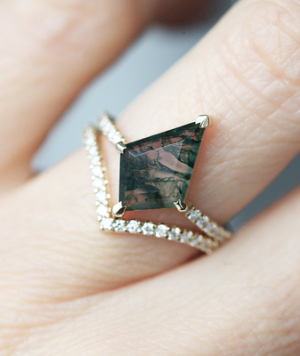 Racimo grande Ring Set de la boda de Moss Agate Statement del hexágono