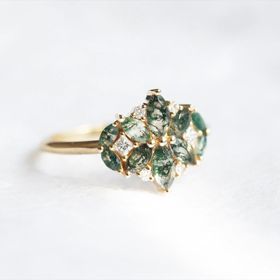 Anillo natural del racimo de la boda de la CZ del flor de Moss Agate Flower Shape Marquise
