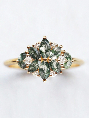 Anillo natural del racimo de la boda de la CZ del flor de Moss Agate Flower Shape Marquise