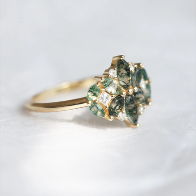 Anillo natural del racimo de la boda de la CZ del flor de Moss Agate Flower Shape Marquise
