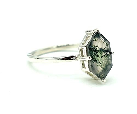 Racimo grande Ring Set de la boda de Moss Agate Statement del hexágono