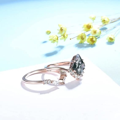 Racimo grande Ring Set de la boda de Moss Agate Statement del hexágono