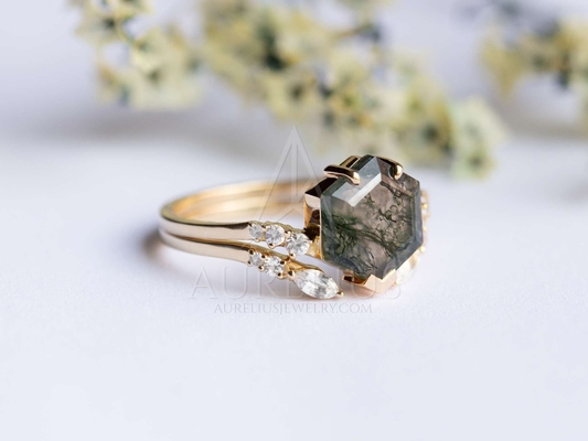 Racimo grande Ring Set de la boda de Moss Agate Statement del hexágono