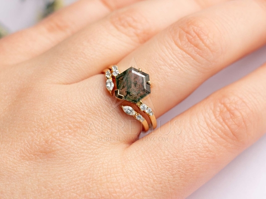 Racimo grande Ring Set de la boda de Moss Agate Statement del hexágono