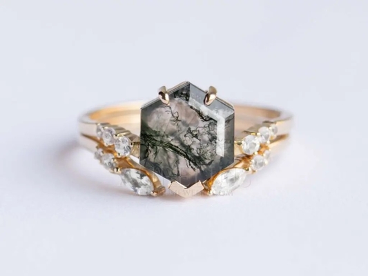 Piedra Moss Agate Engagement Ring Vintage natural Art Deco Gift Love de la forma de la cometa